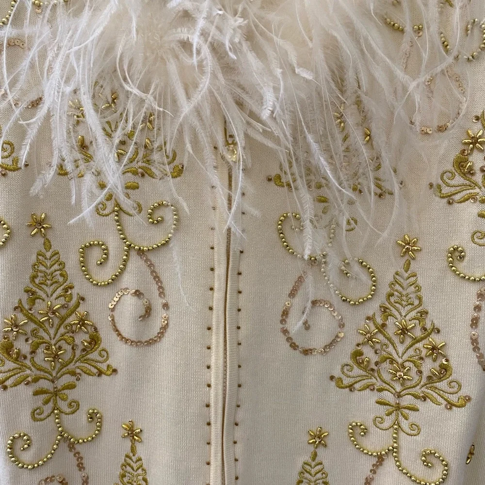 Elegant Cream and Gold Christmas Holiday Women's Sweater with Feather Trim - Picture 6 of 17